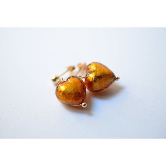 Authentic Murano Glass Studs Earrings Gold Filled Puffy Heart Valentine Posts - Picture 2 of 3